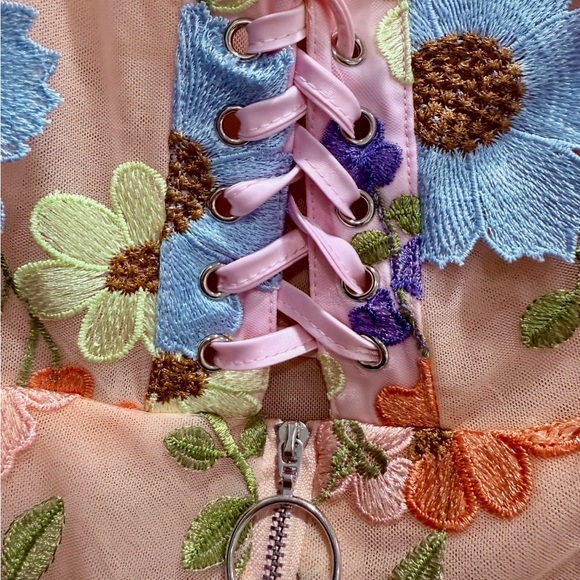 Strapless Flower Embroidered Mini Dress Pink | Bouquet Maraya Pastel Multi (M) - Picture 11 of 12